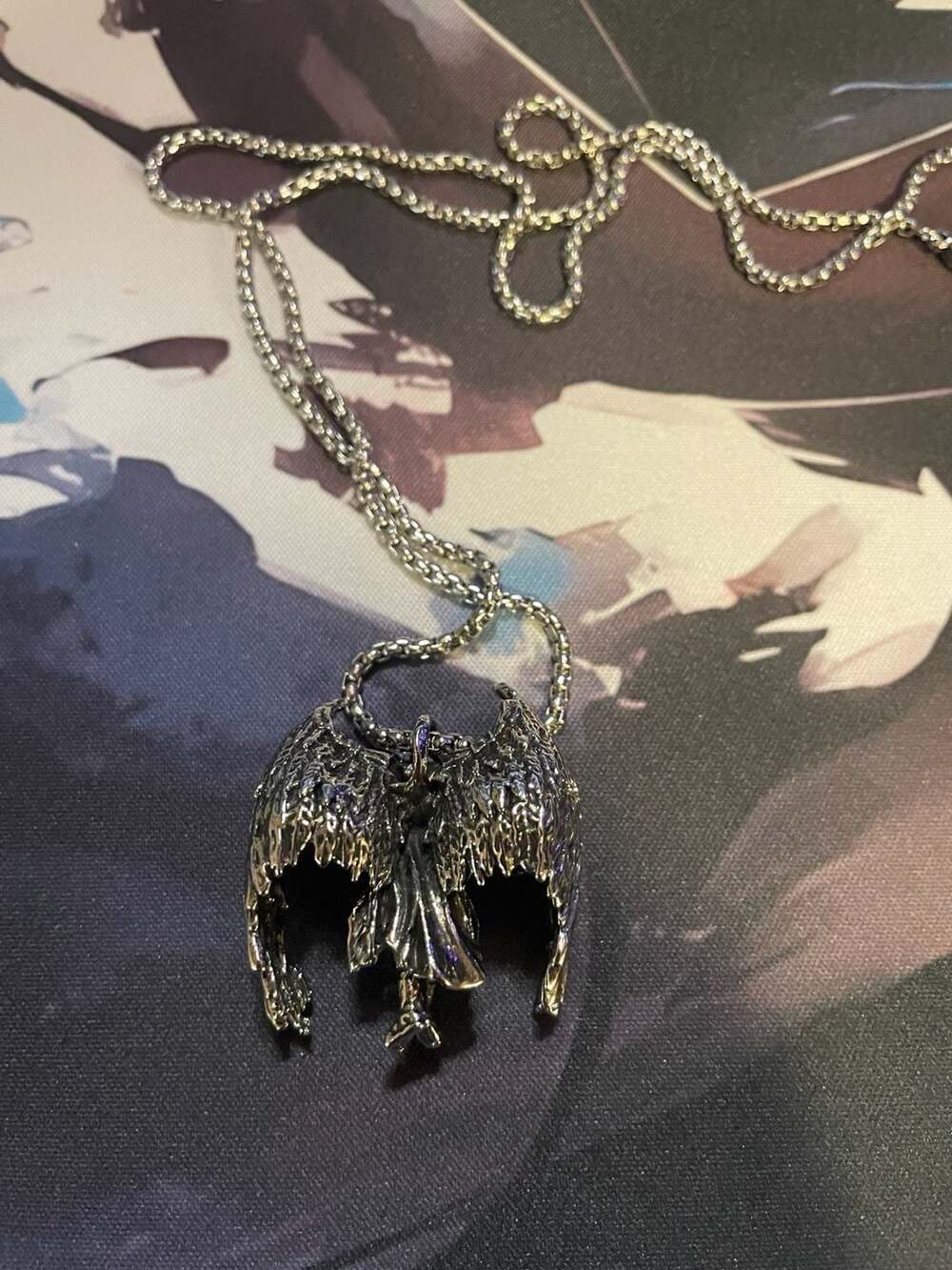 Silver Tone Gothic Winged Warrior Angel Pendant Necklace - Picture 3 of 3
